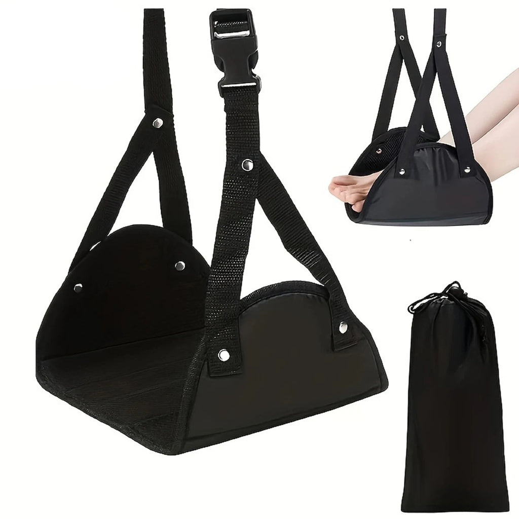 2 Piece Portable Adjustable Black Foot Hammock for Airplane Car and Office Hanging Leg Support with Storage Bag