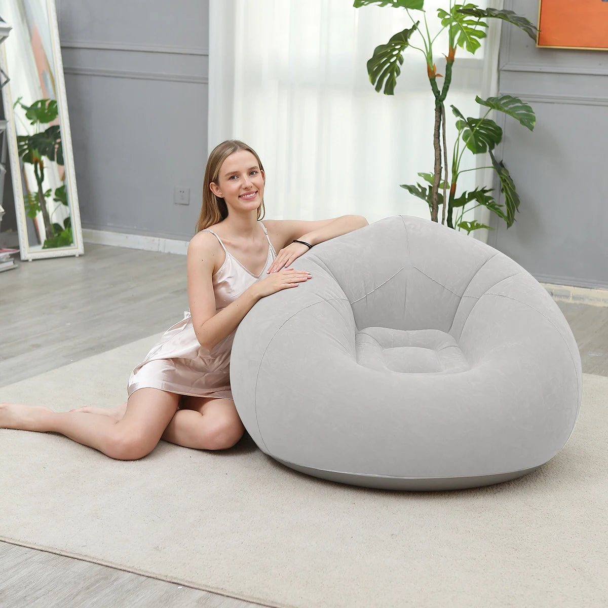 Light Gray Inflatable Air Sofa Chair Portable PVC Lounge Seat for Outdoor Camping and Living Room