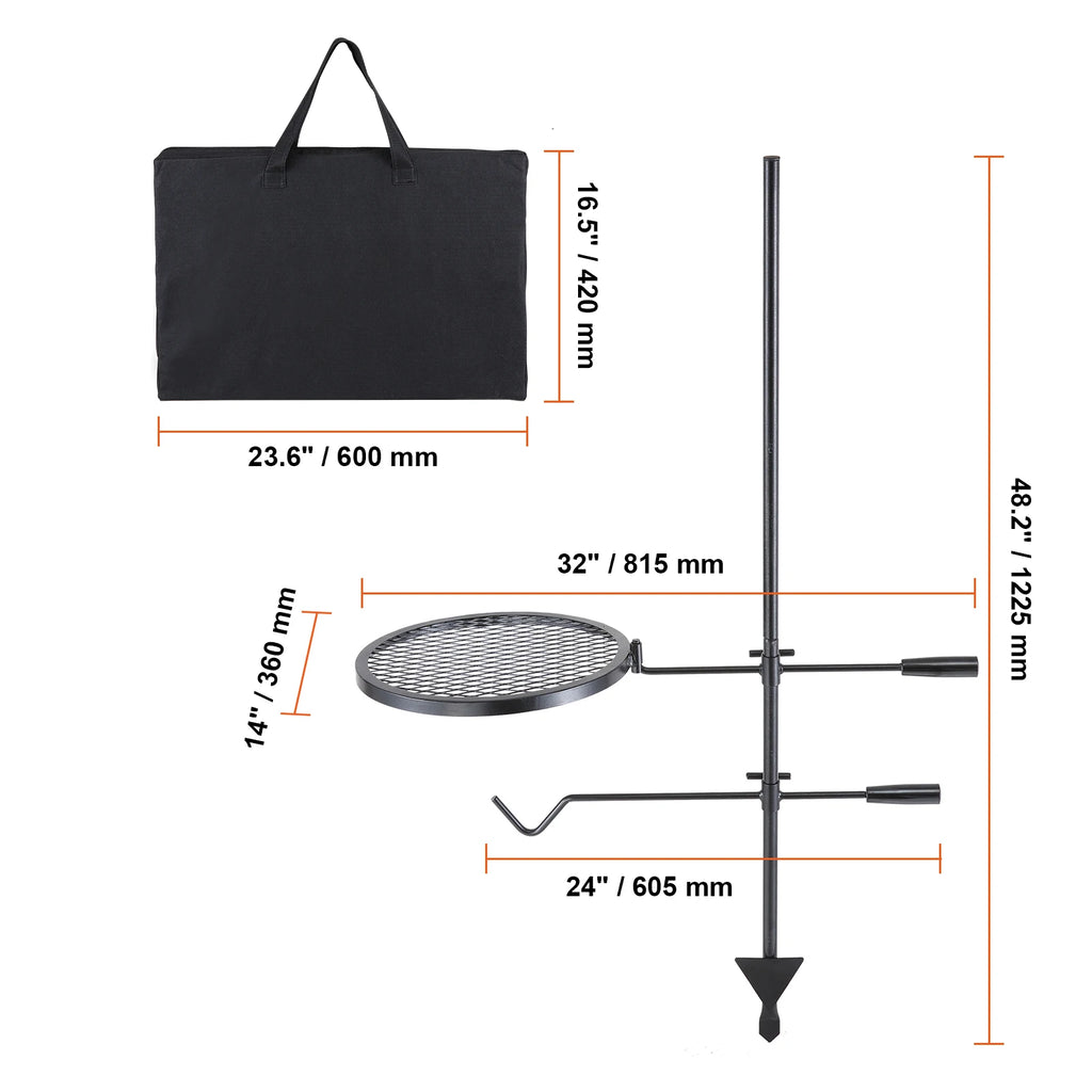Portable Swivel Campfire Grill Rack Heavy Duty Steel Cooking Grate for Camping Picnic Beach