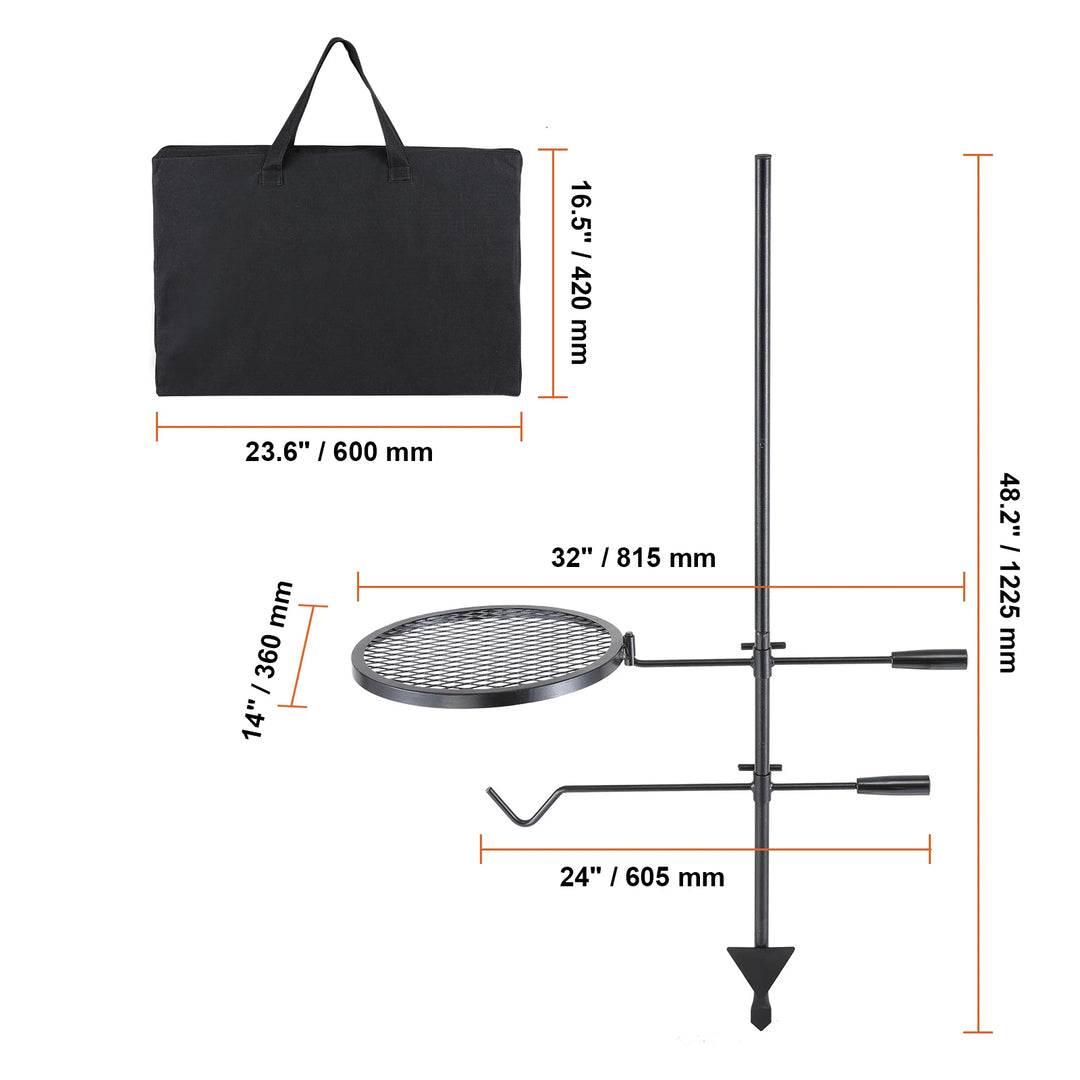 Portable Swivel Campfire Grill Rack Heavy Duty Steel Cooking Grate for Camping Picnic Beach