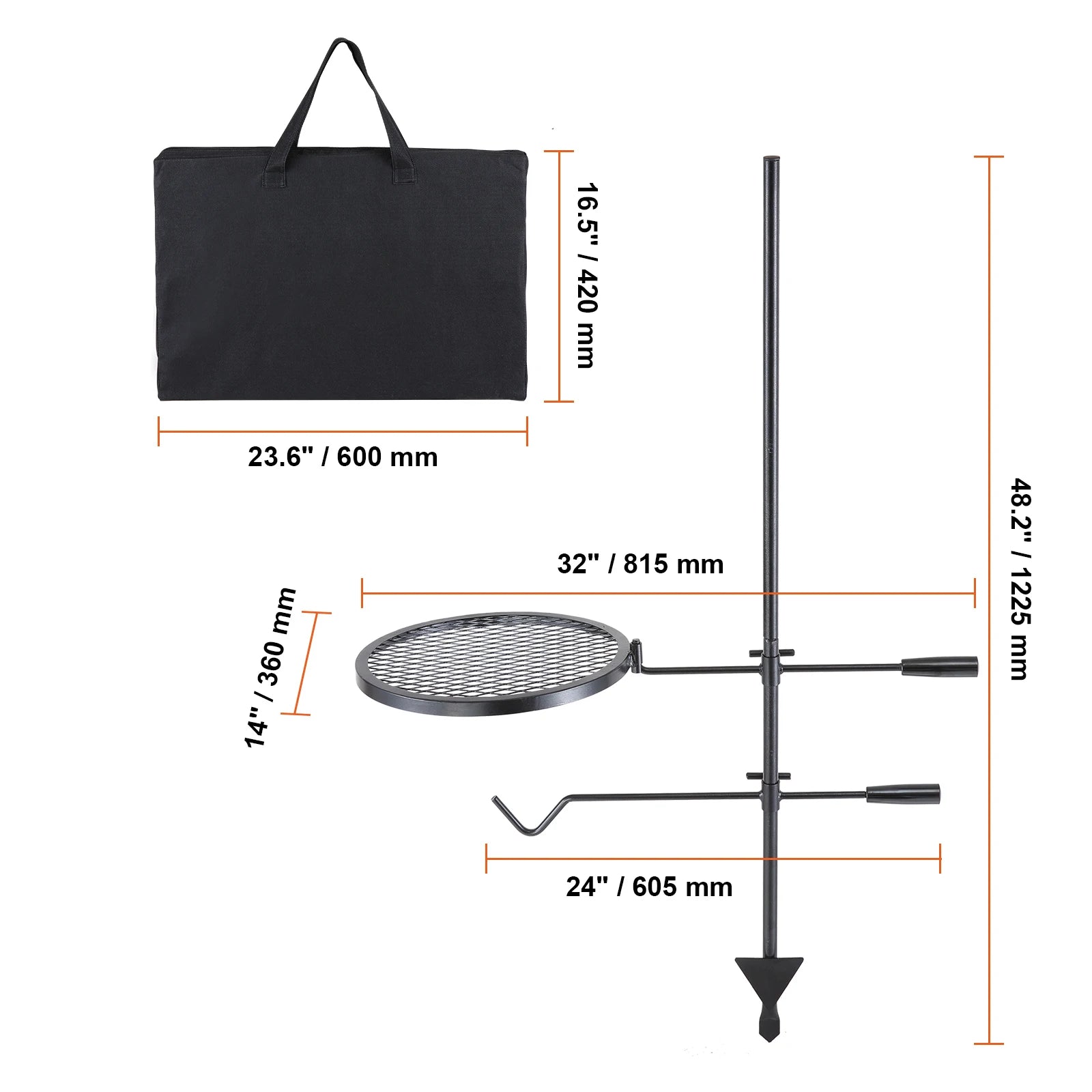 Portable Swivel Campfire Grill Rack Heavy Duty Steel Cooking Grate for Camping Picnic Beach