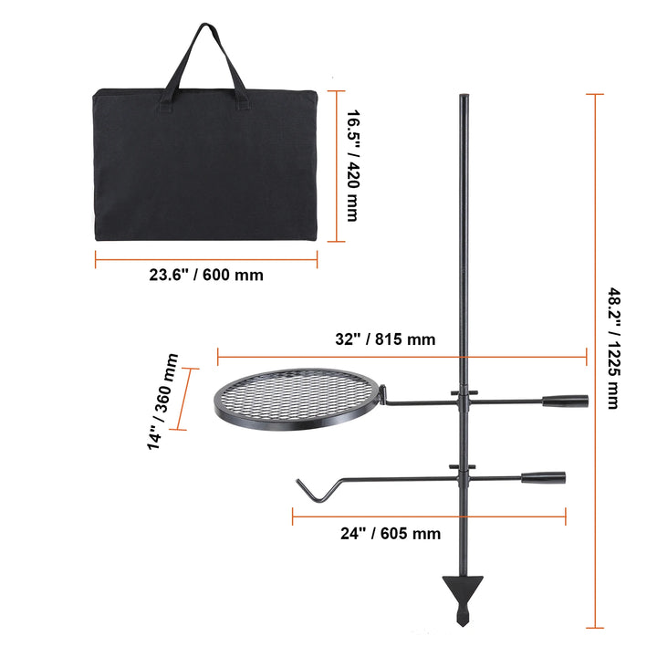 Portable Swivel Campfire Grill Rack Heavy Duty Steel Cooking Grate for Camping Picnic Beach