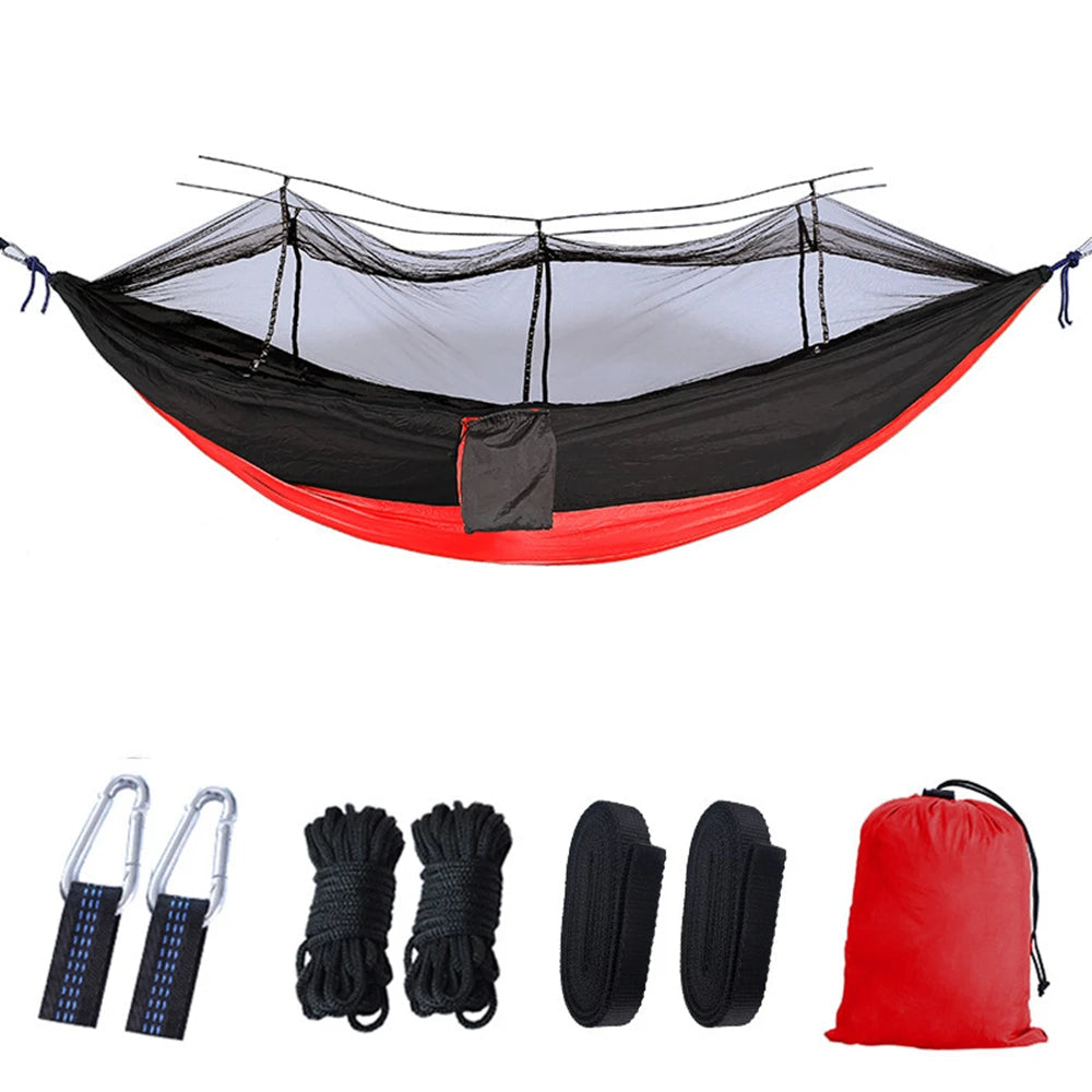 Portable Double Camping Hammock with Mosquito Net Red and Black Outdoor Travel Hammock