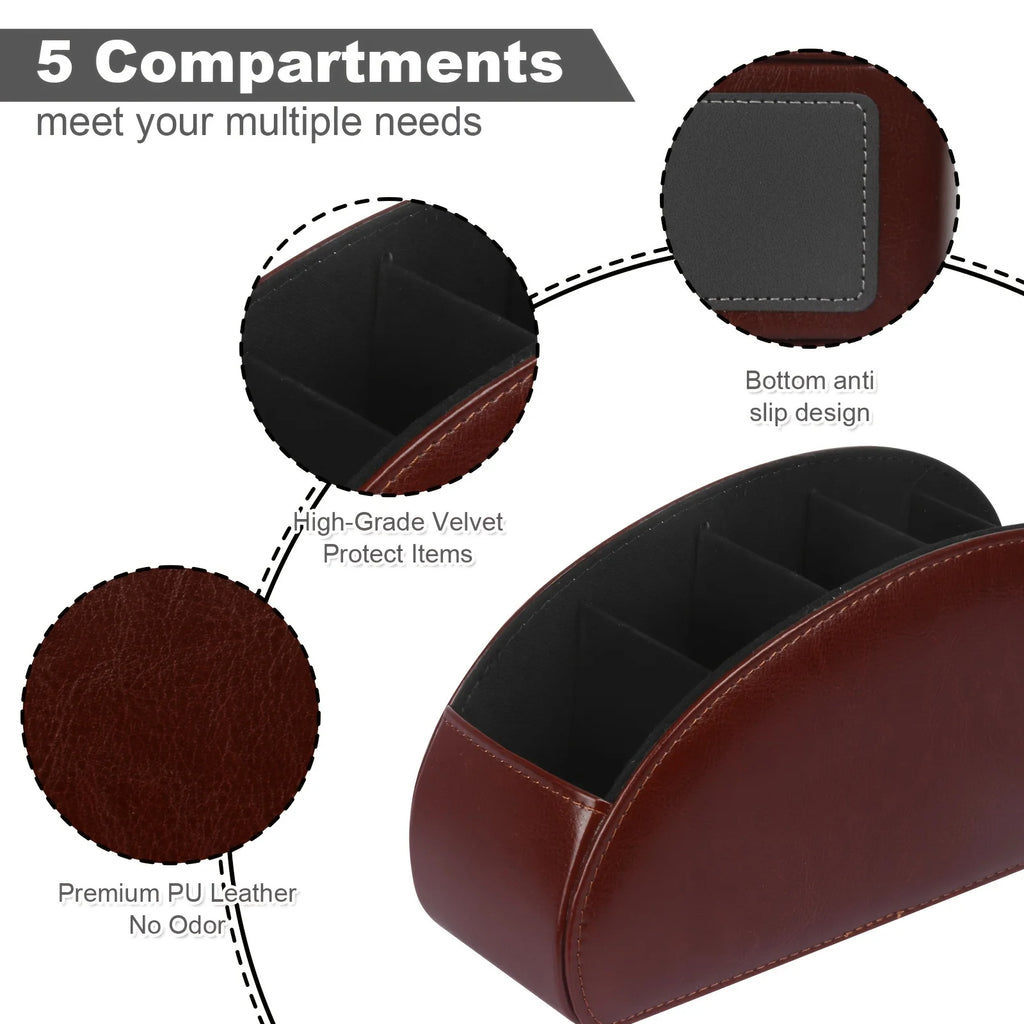 Brown Remote Control Holder 5 Compartments Desktop Organizer Storage Box
