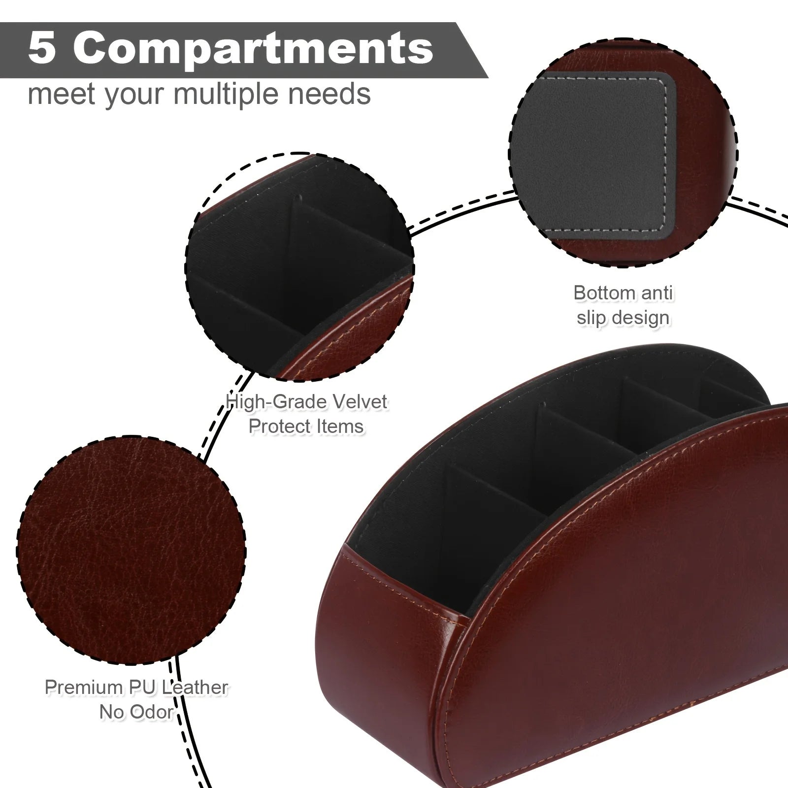Brown Remote Control Holder 5 Compartments Desktop Organizer Storage Box