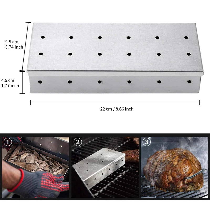Stainless Steel Smoker Box for Wood Chips BBQ Grill Smoking Accessory