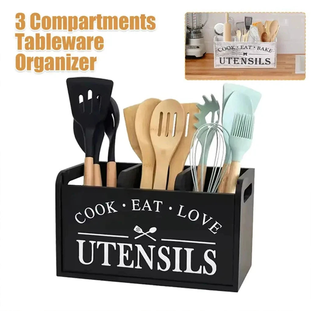 Wooden Utensil Holder Black 3 Compartment Kitchen Organizer with Drainage
