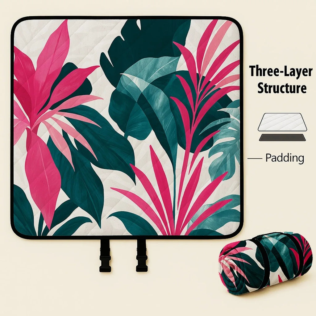 100x150cm Foldable Picnic Blanket Tropical Paradise Soft Padded Outdoor Mat with Carry Strap for Beach Park Camping Travel