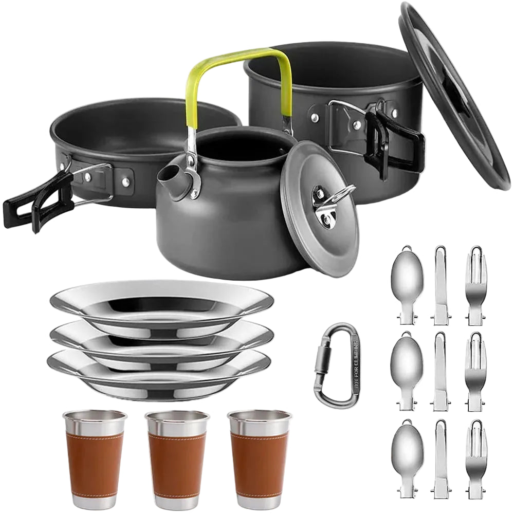 500ml Green Camping Cookware Set with Pot Pan Cups and Folding Tableware for Outdoor Cooking and Hiking