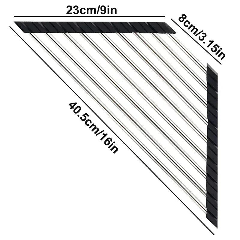 Black Roll Up Triangle Dish Drying Rack Stainless Steel Corner Sink Organizer