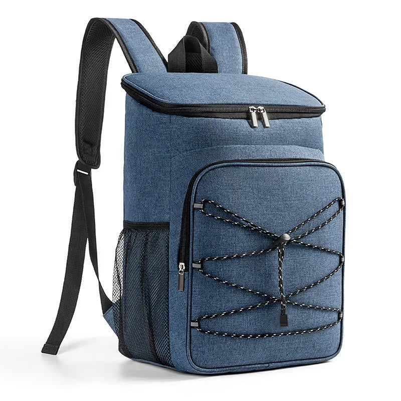 Large Capacity Blue Insulated Backpack Lunch Bag with Multiple Compartments for Camping Picnics and Travel
