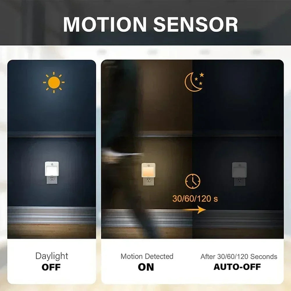AU Plug LED Motion Sensor Night Light Adjustable Brightness Warm and White Light