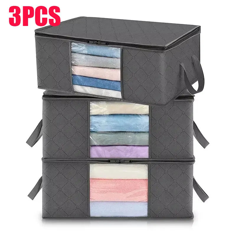 3 Piece 90L Foldable Storage Bag Clothes Blanket Organizer 60x43x35cm with Handle