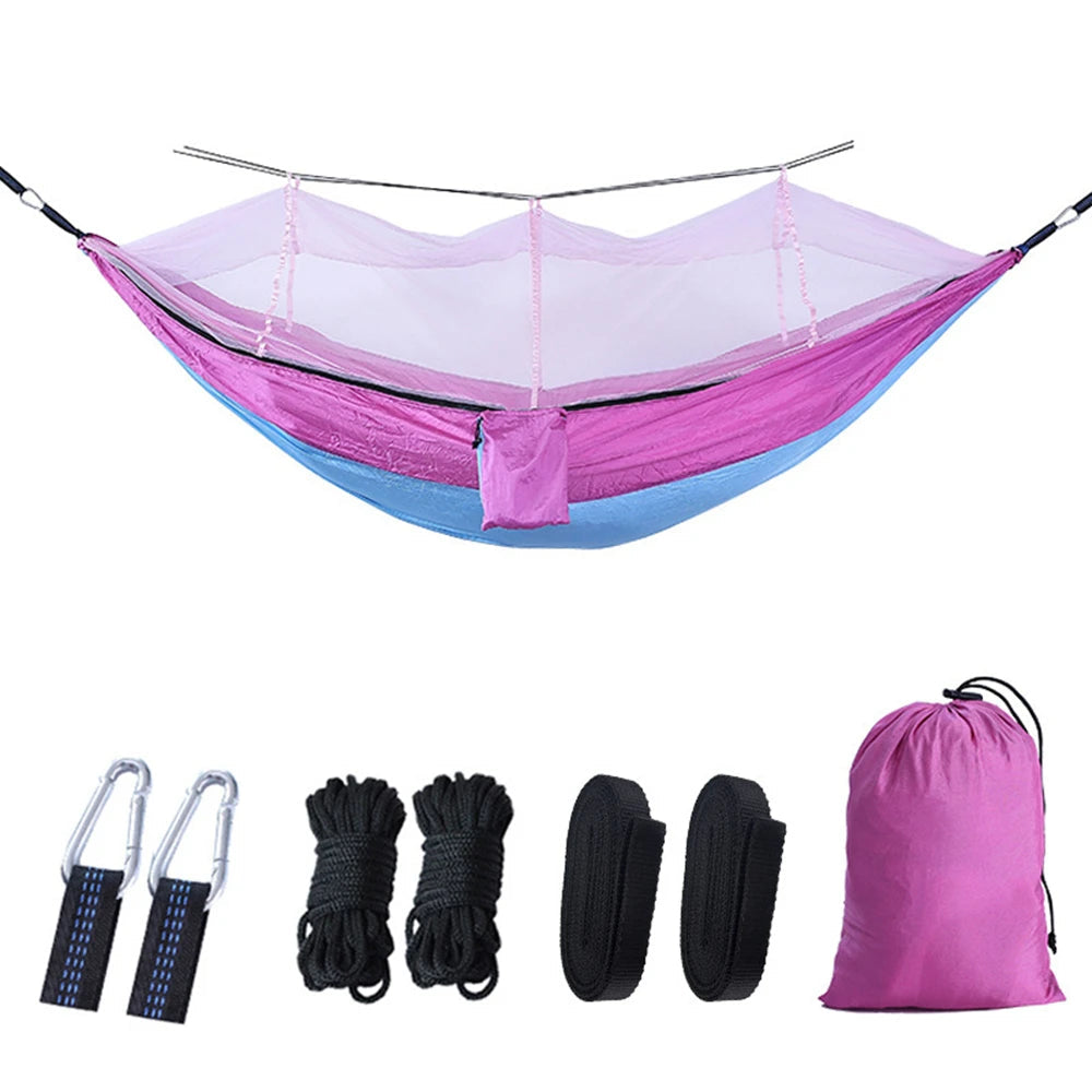Portable Double Camping Hammock with Mosquito Net Light Blue Pink Outdoor Travel Hammock