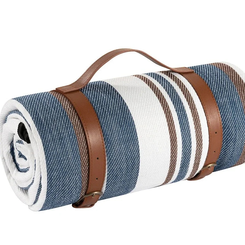200x200cm Foldable Mocha Blue Picnic Blanket Waterproof Outdoor Mat with Leather Handle for Beach Camping Travel