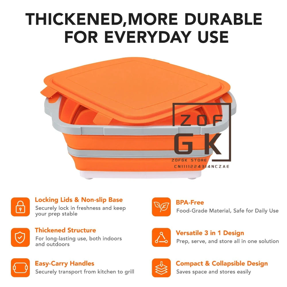 8L Collapsible Orange Food Prep Tub with Cutting Board Drain Plug for Camping BBQ and Outdoor Use
