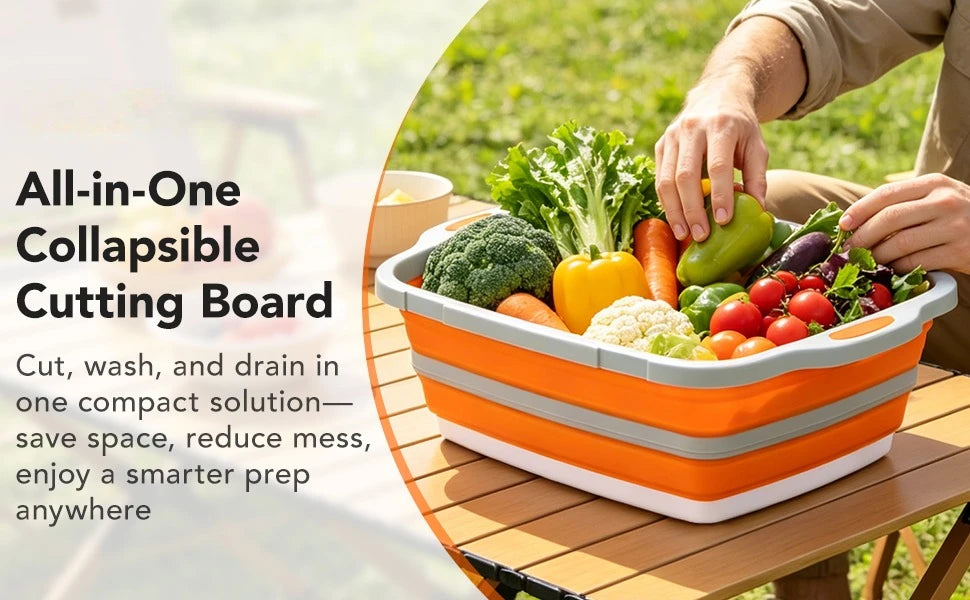 8L Collapsible Orange Food Prep Tub with Cutting Board Drain Plug for Camping BBQ and Outdoor Use