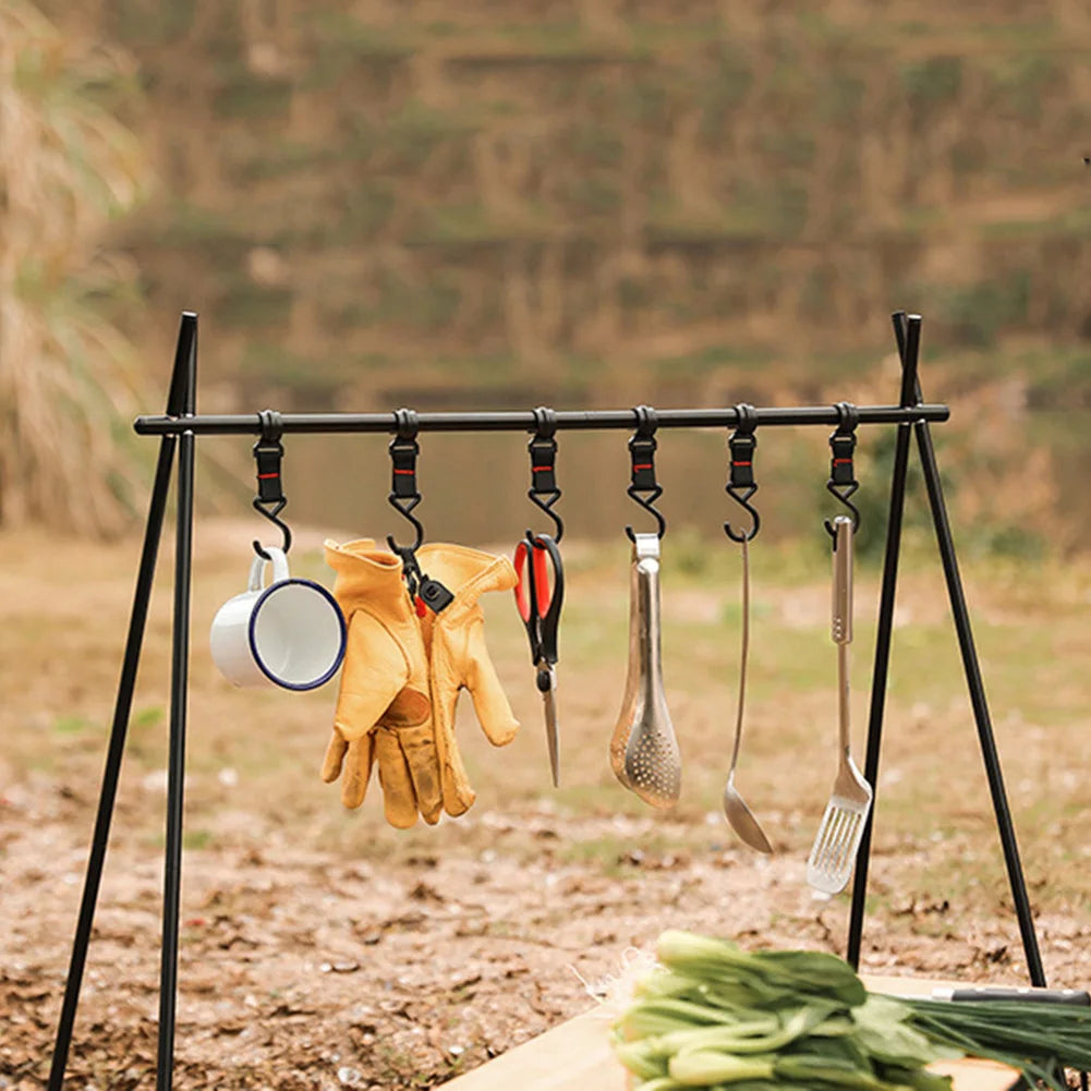 Portable Large Camping Hanging Rack Foldable Aluminum Alloy Cookware Storage Rack with Hooks for BBQ Hiking and Picnic