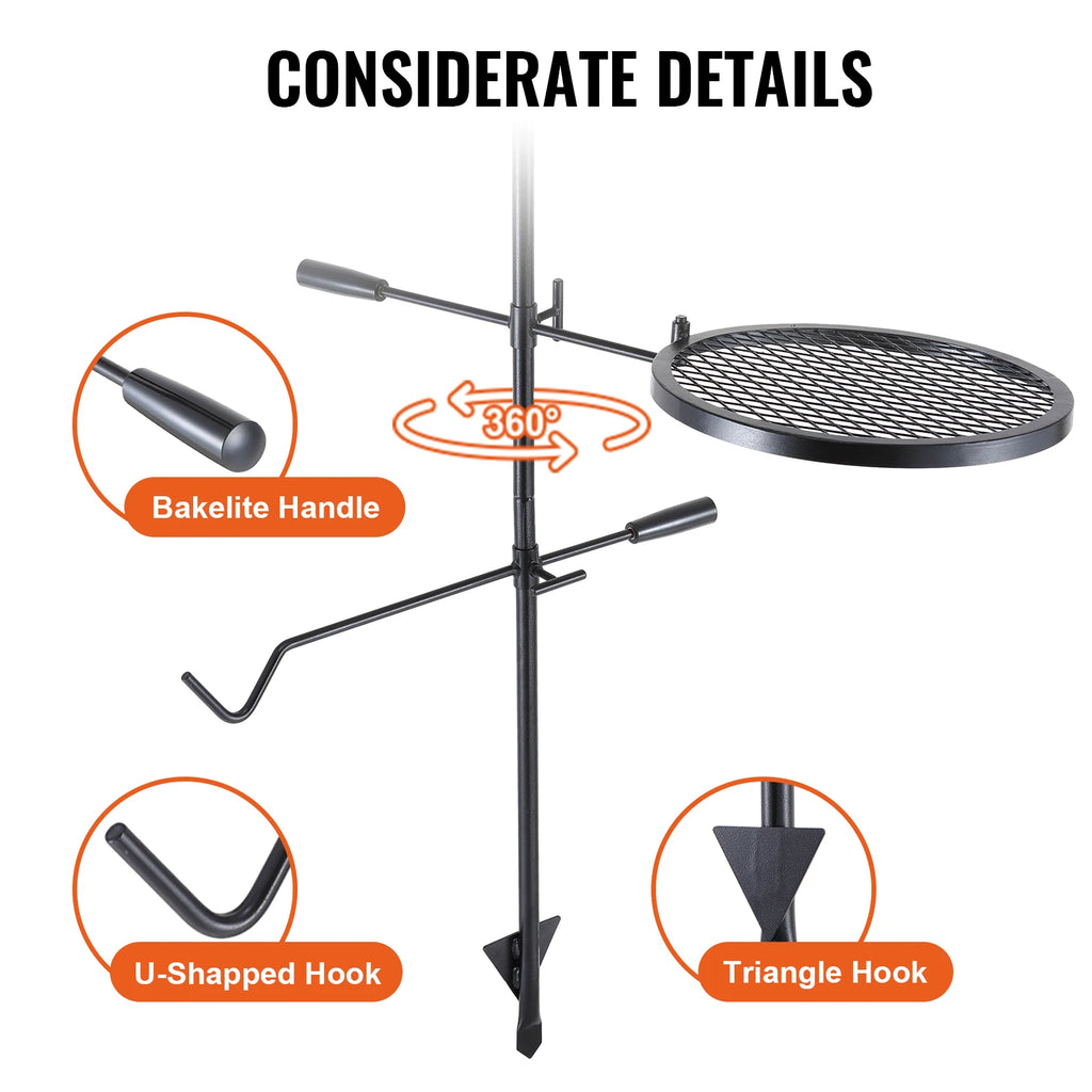 Portable Swivel Campfire Grill Rack Heavy Duty Steel Cooking Grate for Camping Picnic Beach