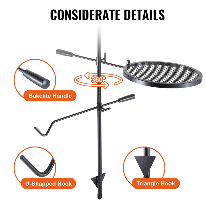 Portable Swivel Campfire Grill Rack Heavy Duty Steel Cooking Grate for Camping Picnic Beach