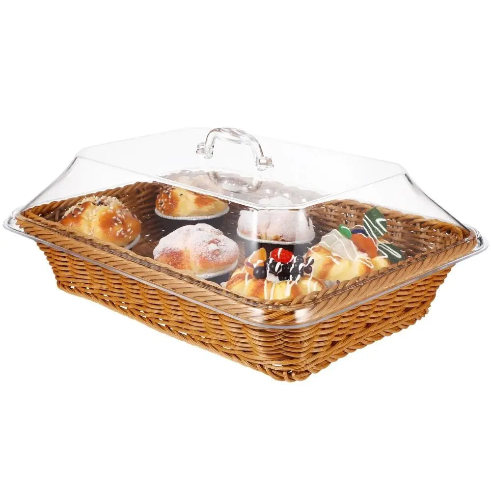 Rectangular Rattan Style Bread Basket with Clear Acrylic Lid for Food Storage and Serving