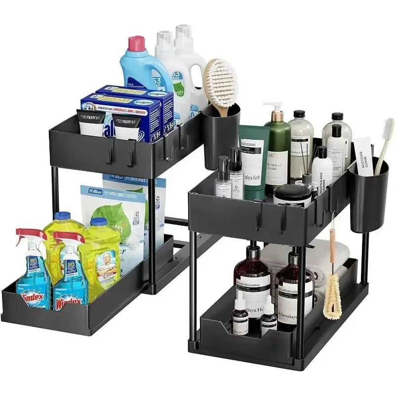 2 Tier Under Sink Organizer Sliding Pull-Out Cabinet Basket Storage Rack with Hooks
