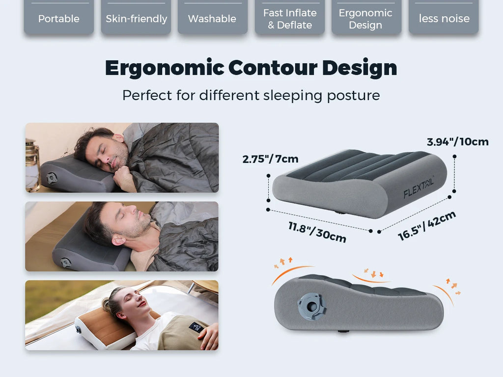 Inflatable Travel Pillow Gray Ergonomic Dual Support Lightweight Portable Pillow for Camping Travel and Home