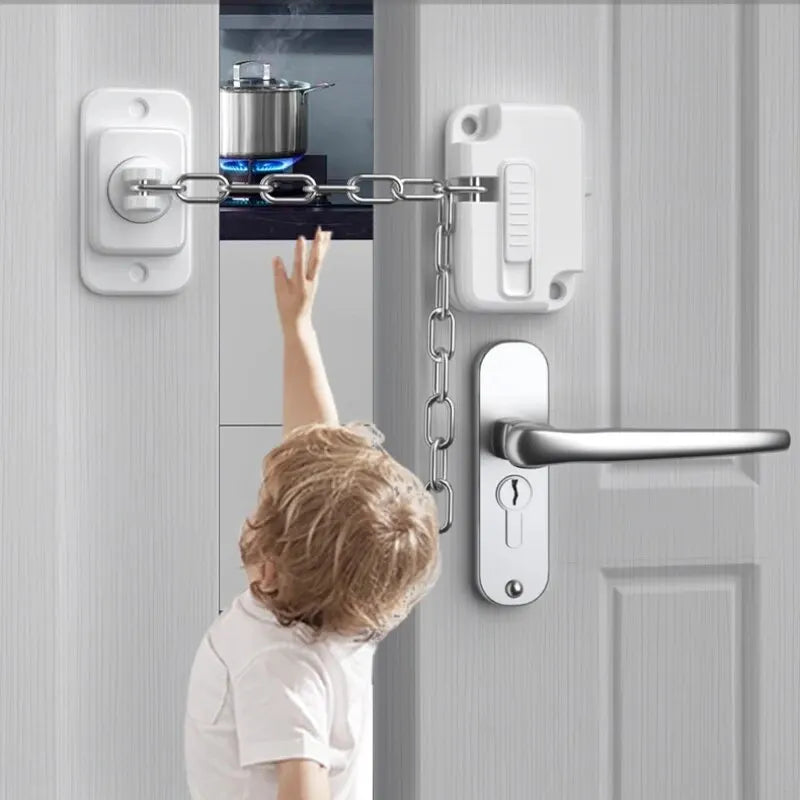 Adjustable Window and Door Restrictor Lock with Chain for Cabinets Refrigerators and Home Use