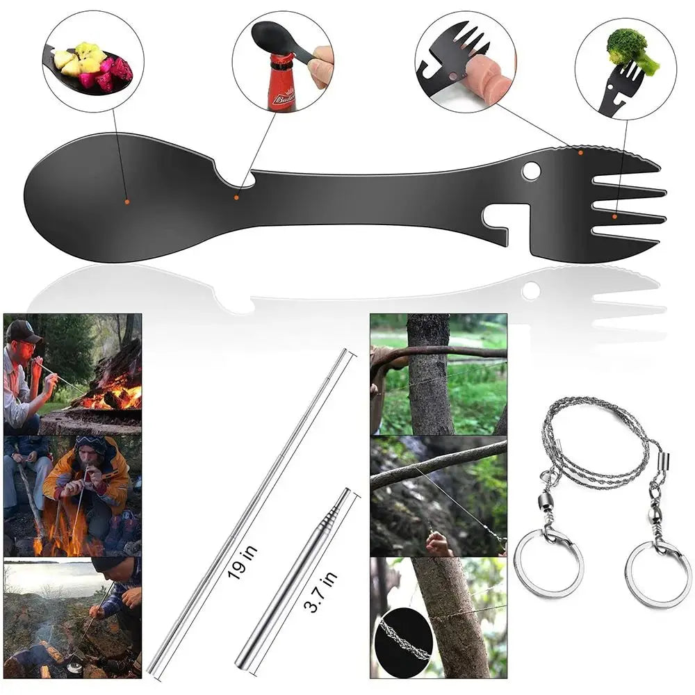 Portable Emergency Survival Kit with Flashlight Whistle Rope Fishing Tools and Storage Case