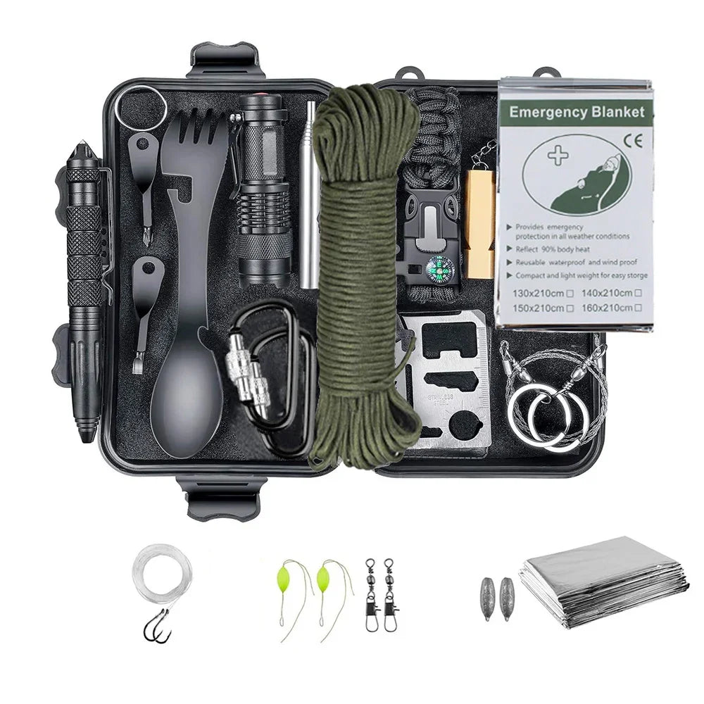 Portable Emergency Survival Kit with Flashlight Whistle Rope Fishing Tools and Storage Case