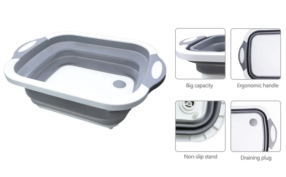 Foldable Wash Basin with Drain Plug Cutting Board and Storage Tray for Kitchen and Camping