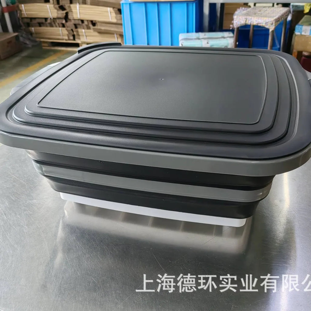 8L Collapsible Black Food Prep Tub with Cutting Board Drain Plug for Camping BBQ and Outdoor Use