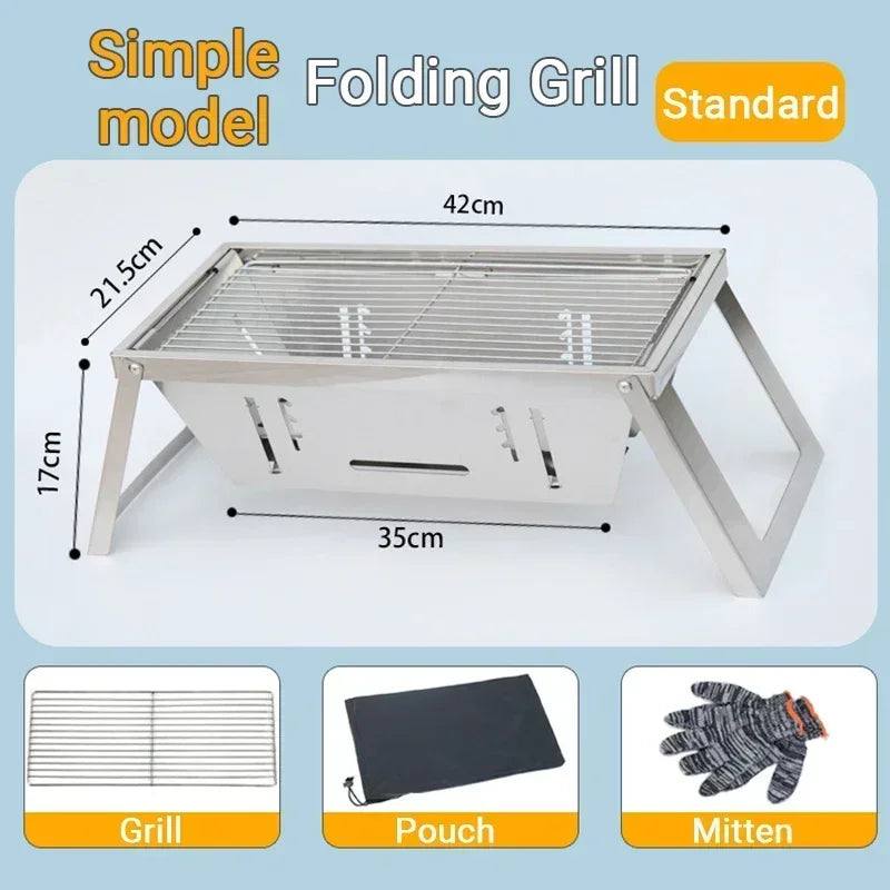 Portable Charcoal BBQ Grill Stainless Steel Folding Camping Barbecue with Carry Pouch and Heat Resistant Mitten