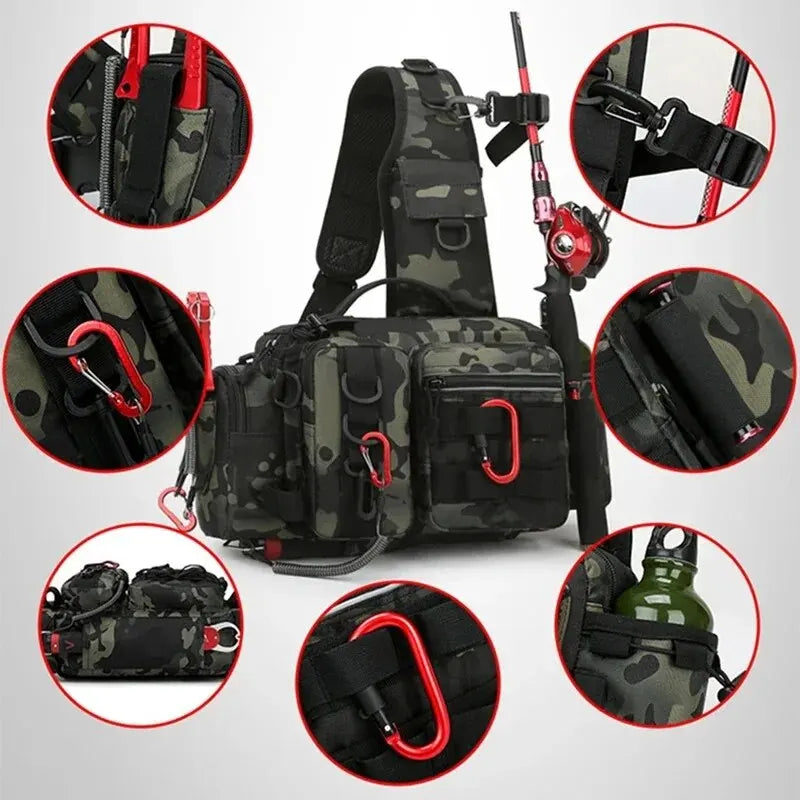 Fishing Tackle Backpack Dark Camouflage Sling Shoulder Bag with Rod Holder Multi Pocket Gear Storage Bag for Fishing and Outdoor Travel
