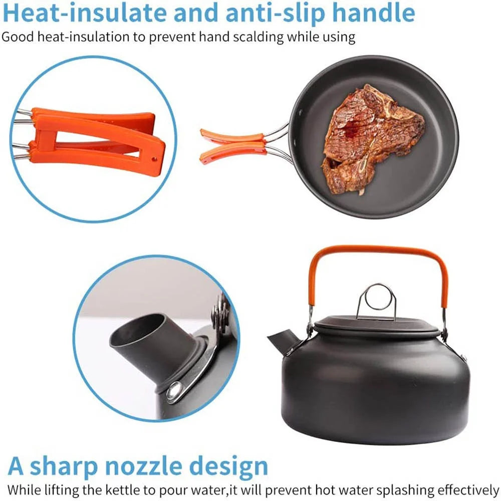 500ml Orange Camping Cookware Set with Pot Pan Cups and Folding Tableware for Outdoor Cooking and Hiking