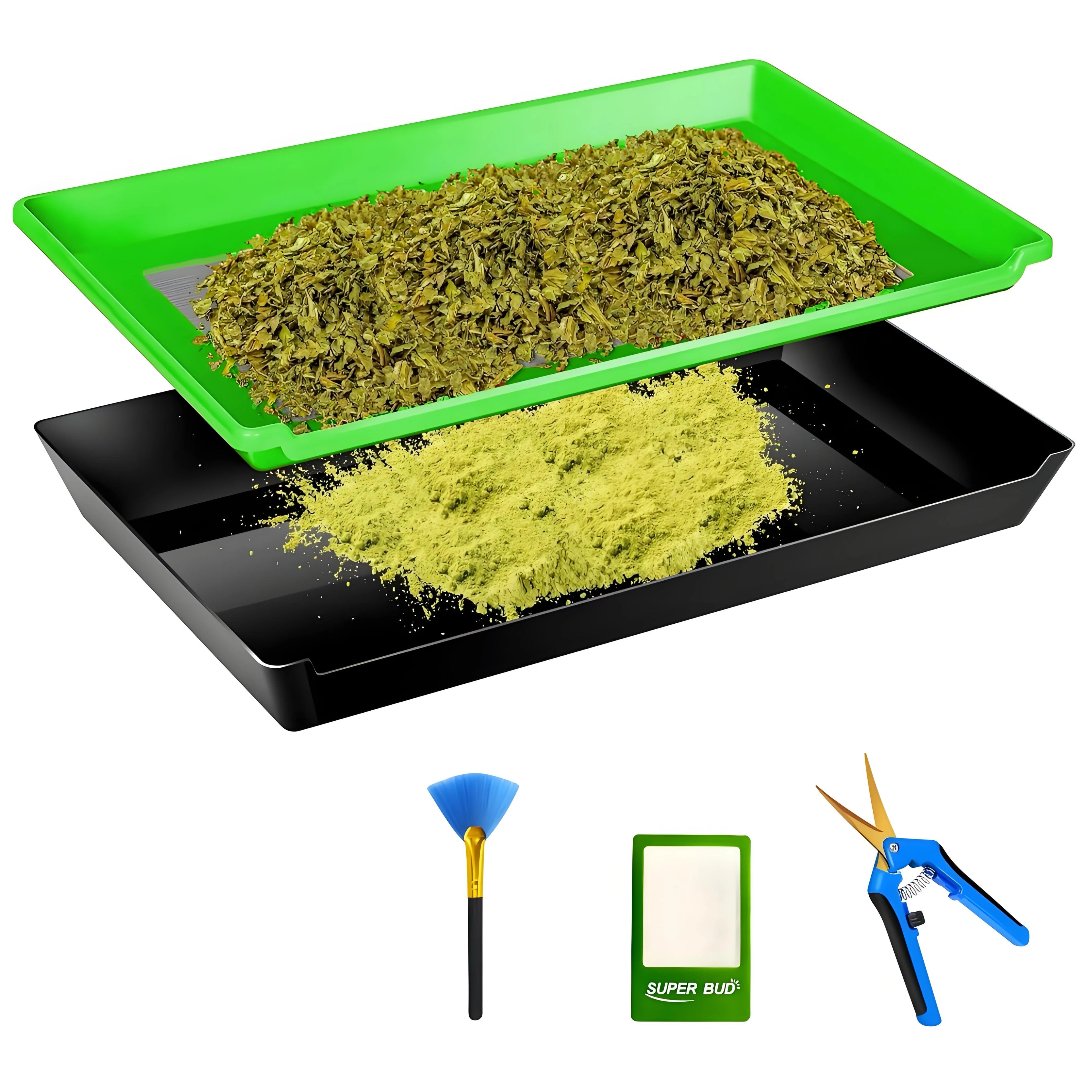 Trim Tray Kit Green with 150 Micron Screen Harvest Bin Scissors Brush and Magnifying Card 12 x 20 Inch