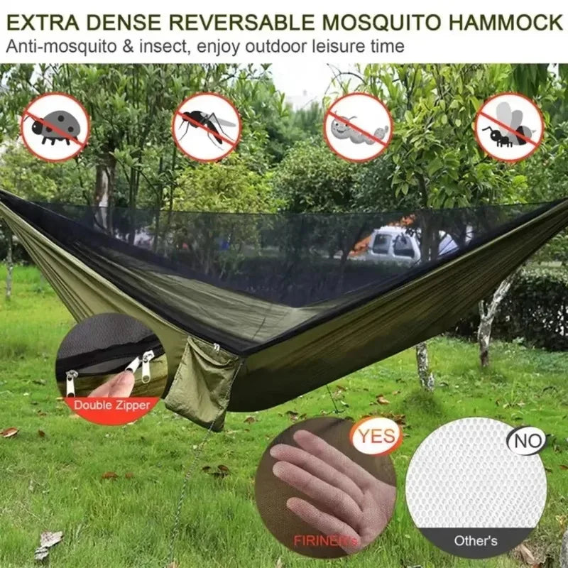 Portable Outdoor Hammock with Integrated Mosquito Net Army Green Camping Hanging Bed