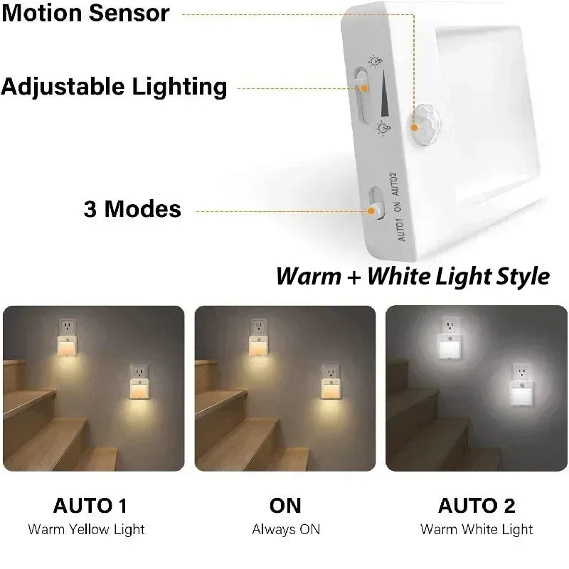 AU Plug LED Motion Sensor Night Light Adjustable Brightness Warm and White Light