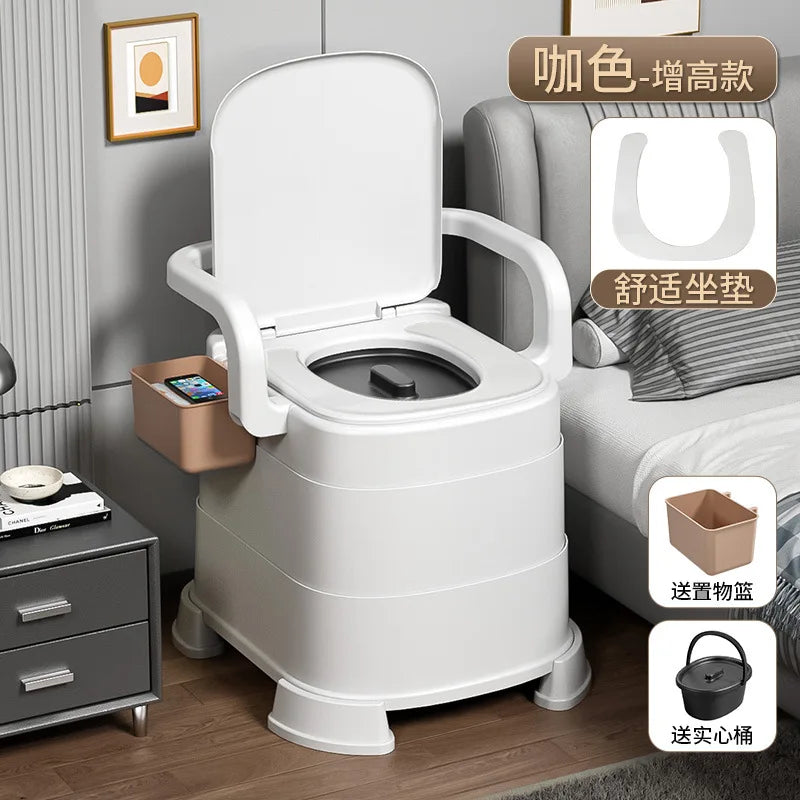 Portable Commode Chair High Coffee Soft Seat Removable Bucket and Armrests for Home Care