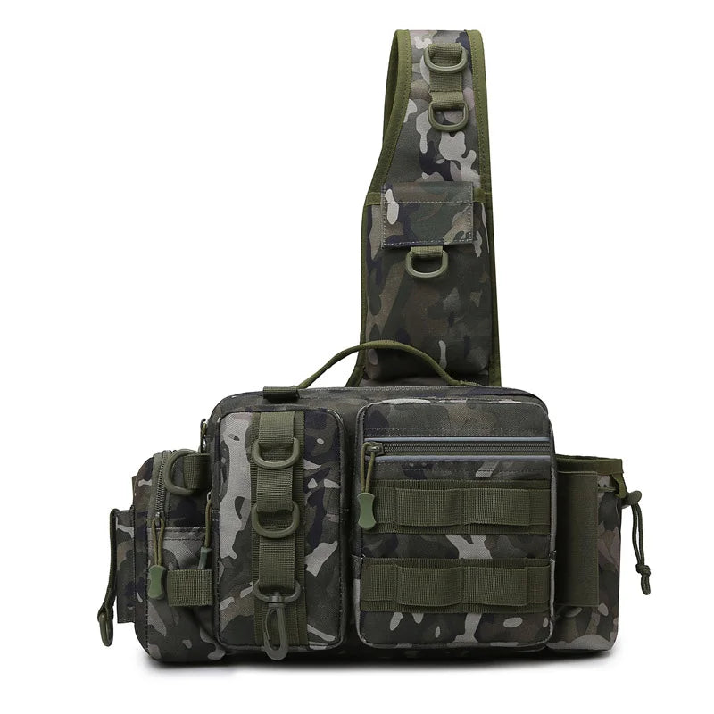 Fishing Tackle Backpack Green Camouflage Sling Shoulder Bag with Rod Holder Multi Pocket Gear Storage Bag for Fishing and Outdoor Travel