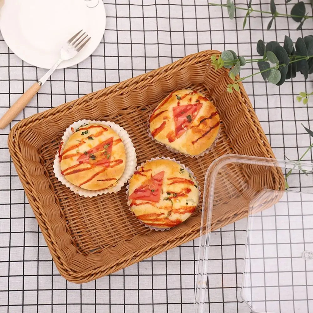Rectangular Rattan Style Bread Basket with Clear Acrylic Lid for Food Storage and Serving