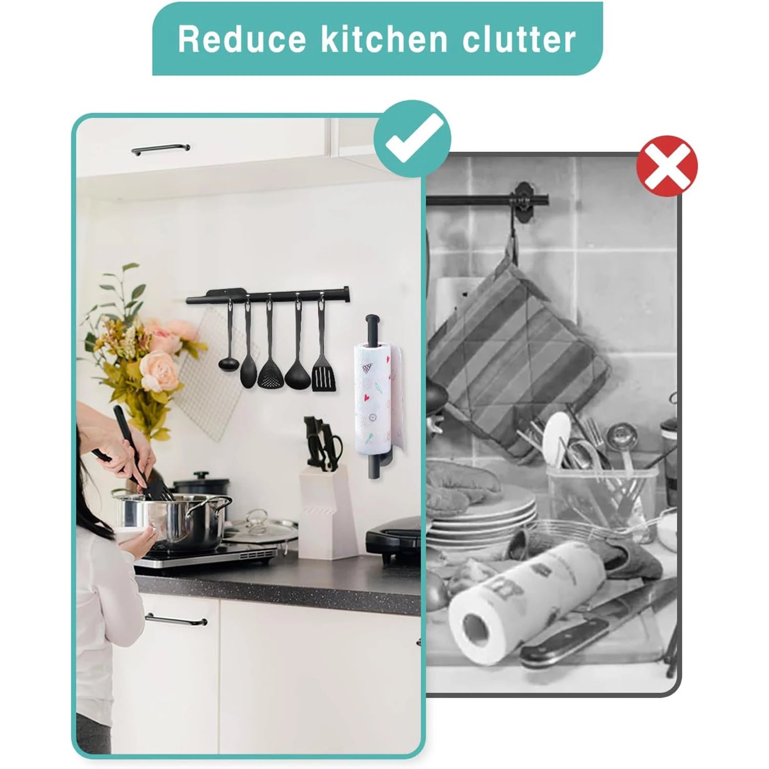 Long Black Kitchen Paper Towel Holder Adhesive Wall Mounted Tissue Roll Rack