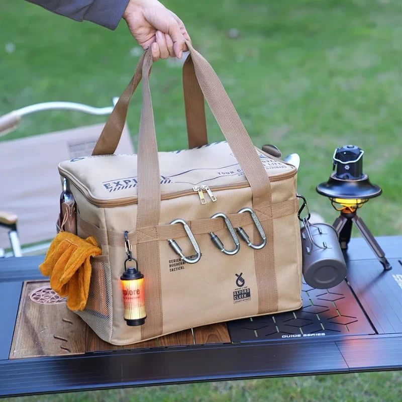 30L Portable Khaki Camping Storage Bag with Adjustable Dividers for Picnic and Outdoor Gear