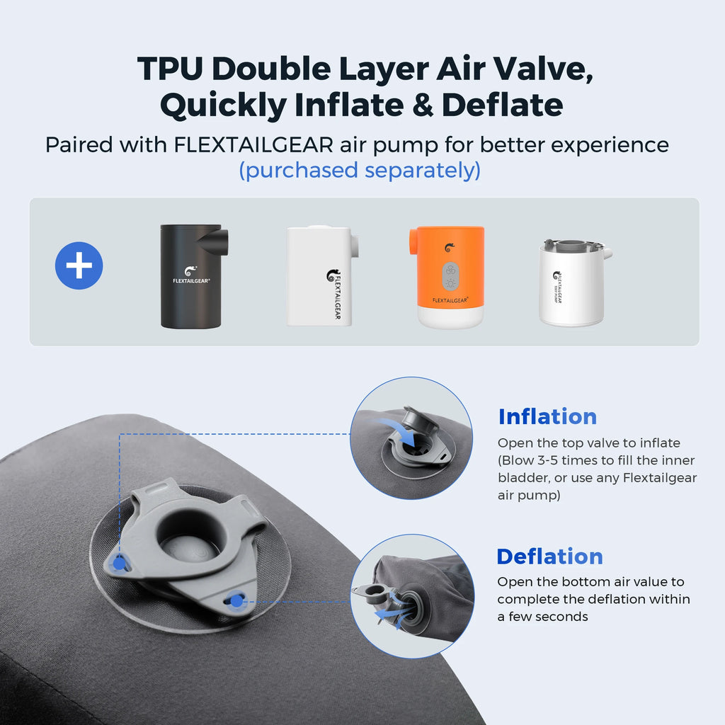 Inflatable Travel Pillow Gray Ergonomic Dual Support Lightweight Portable Pillow for Camping Travel and Home