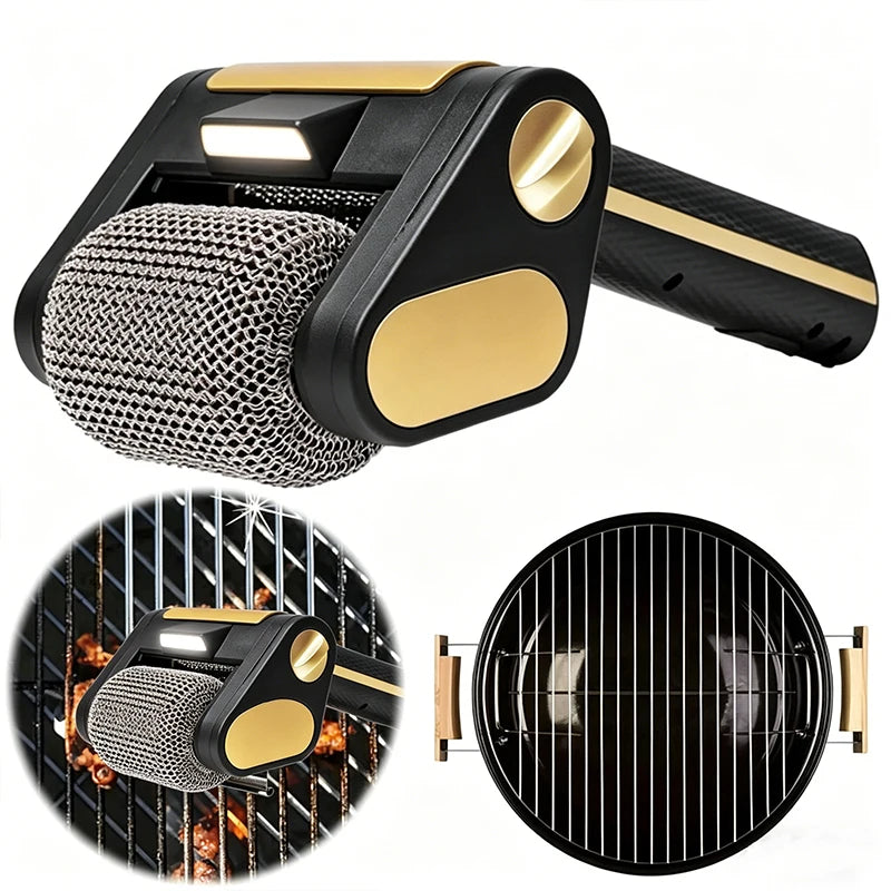 Rechargeable Electric Grill Cleaning Brush Stainless Steel Roller BBQ Scrubber Black Gold