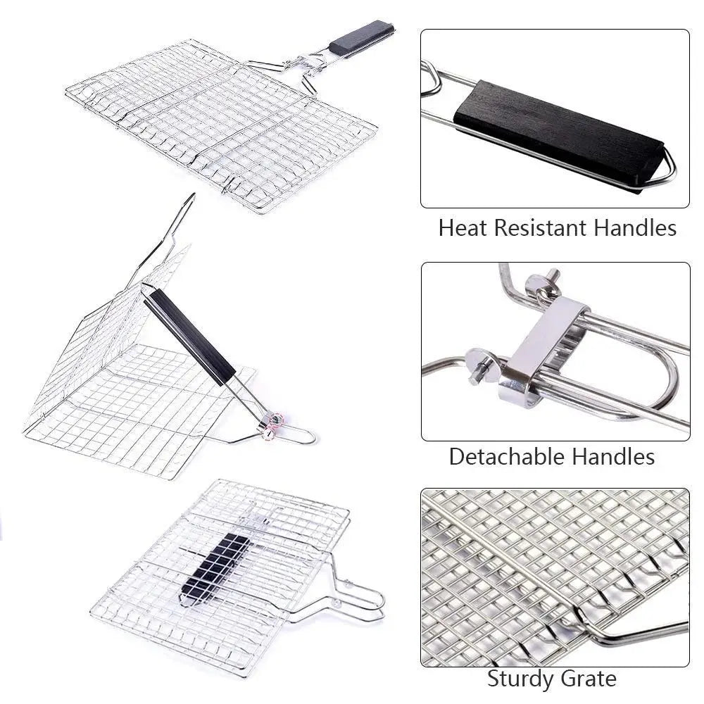 Stainless Steel BBQ Grill Basket with Foldable Handle for Meat Fish Vegetables