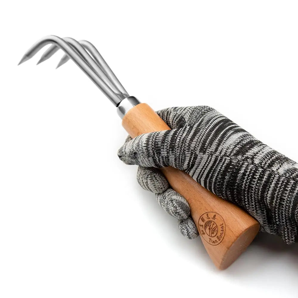 Three Hook Bonsai Root Hook Wooden Handle Alloy Steel Soil Loosening Tool for Repotting and Weeding
