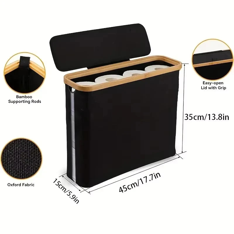 Foldable Toilet Paper Storage Basket Black with Lid Bamboo Frame Organizer