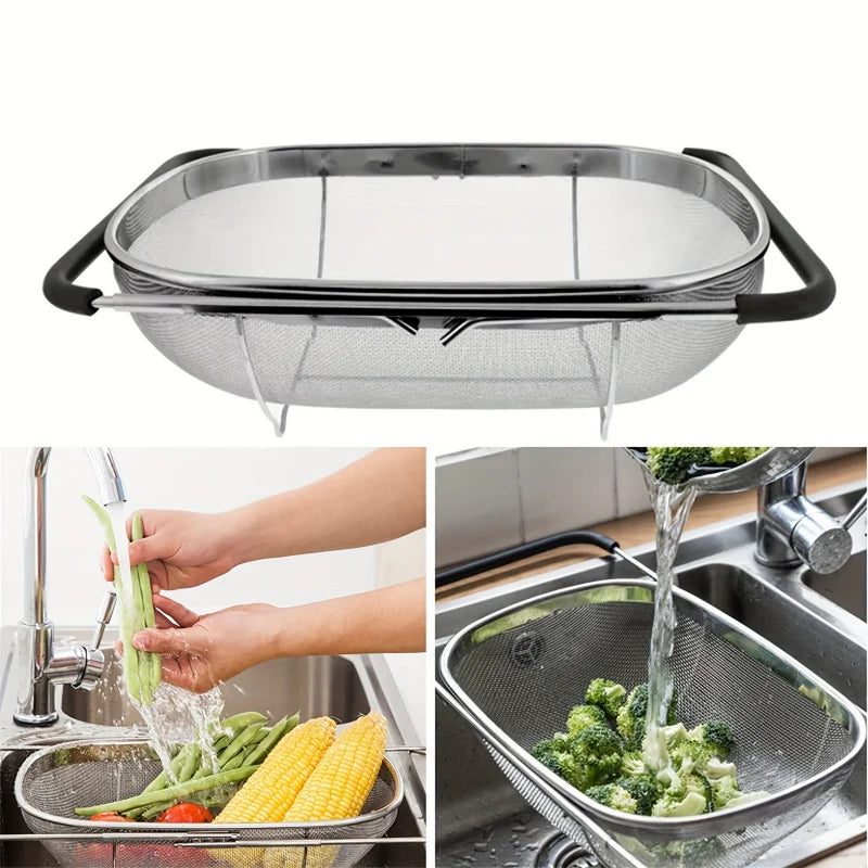 Stainless Steel Retractable Sink Colander Expandable Drain Basket with Rubber Handles