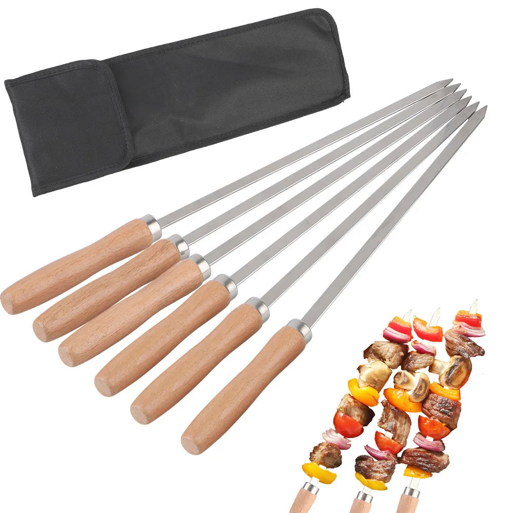 6 Piece Stainless Steel BBQ Skewers with Wooden Handles Grilling Set